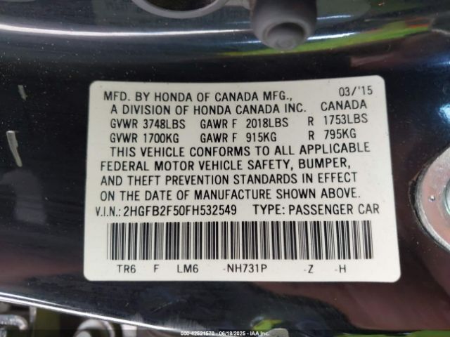 2HGFB2F50FH532549 Honda r18z1