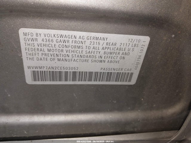 Продажа на аукционе авто 2012 Volkswagen Cc Sport, vin: WVWMP7AN2CE503052, номер лота: 42521596