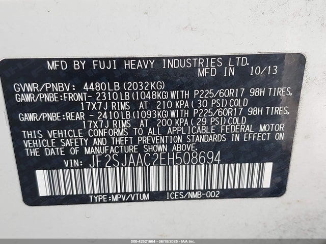 Subaru 2.5na u5 2014 JF2SJAAC2EH508694 Image 9