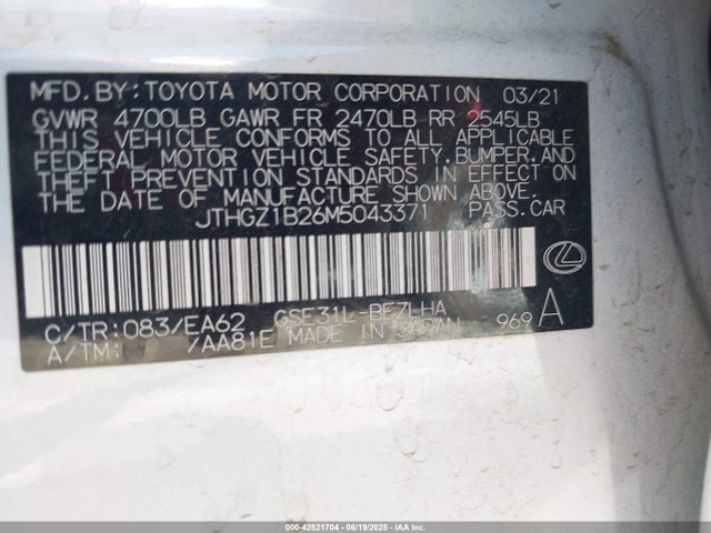 Lexus 2gr-fks 2021 JTHGZ1B26M5043371 Image 9