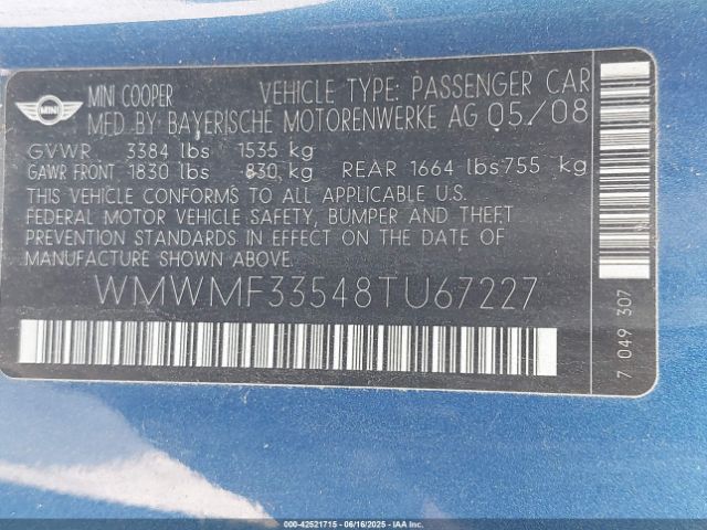 2008 MINI COOPER WMWMF33548TU67227 Photo 8