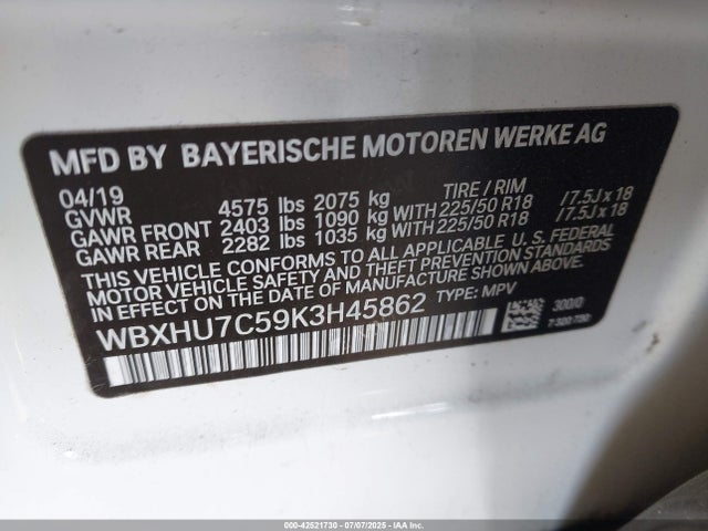 WBXHU7C59K3H45862 BMW 2019