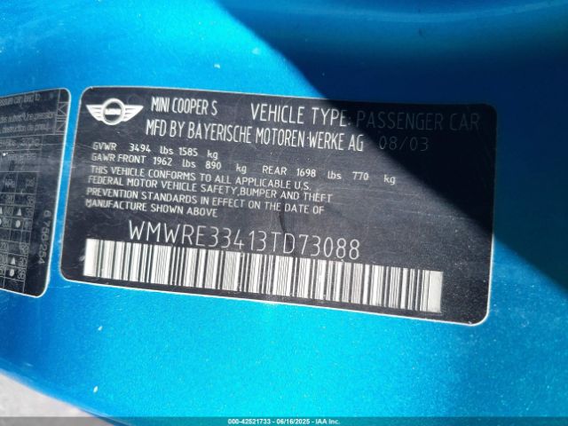 2003 MINI COOPER S WMWRE33413TD73088 Photo 8