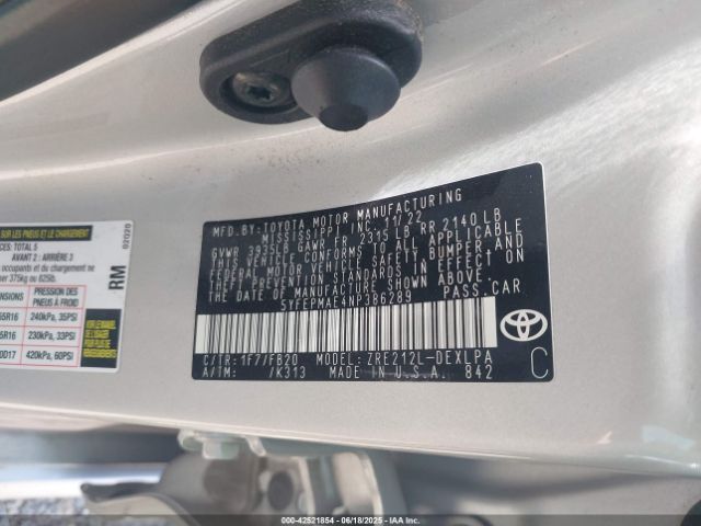 5YFEPMAE4NP386289 Toyota 2zr-fae