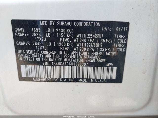 Продажа на аукционе авто 2017 Subaru Outback 2.5i (cvt), vin: 4S4BSAAC6H3390397, номер лота: 42521917