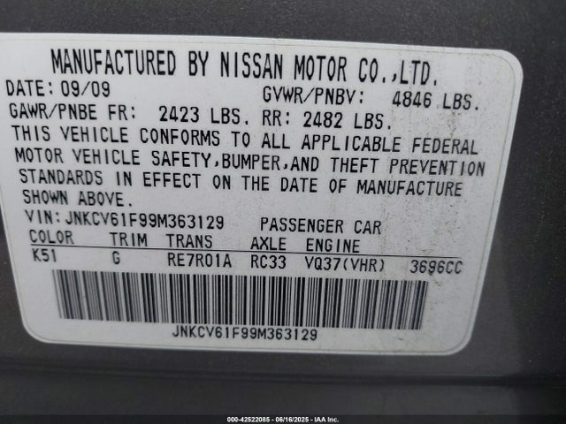 Продаж на аукціоні авто 2009 Infiniti G37x, vin: JNKCV61F99M363129, номер лоту: 42522085