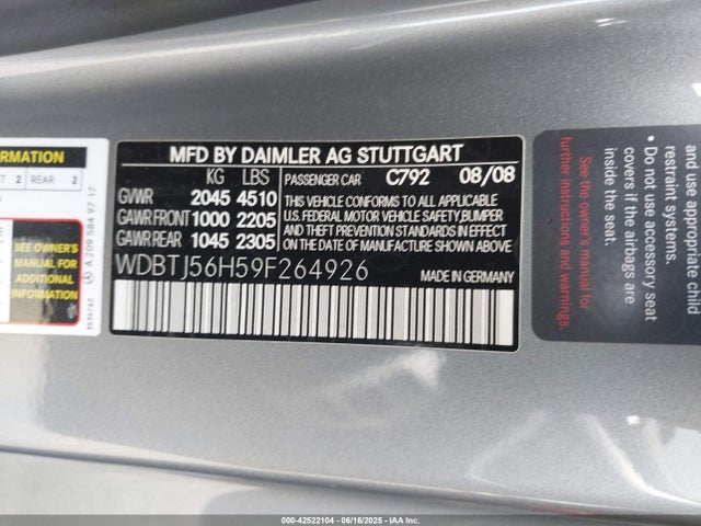 Продажа на аукционе авто 2009 Mercedes-benz Clk 350, vin: WDBTJ56H59F264926, номер лота: 42522104
