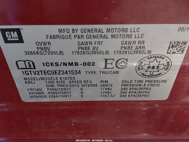 Продажа на аукционе авто 2014 Gmc Sierra 1500, vin: 1GTV2TEC9EZ341534, номер лота: 42522144
