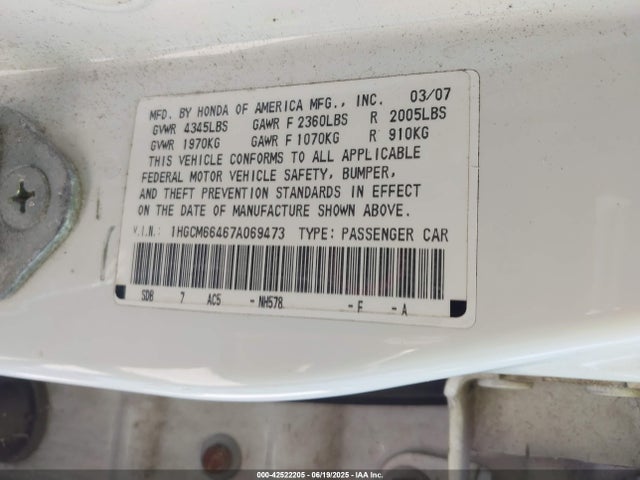 2007 HONDA ACCORD SDN 1HGCM66467A069473 Photo 8