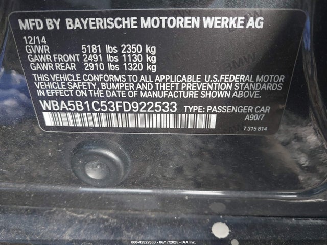 BMW 2015 2015 WBA5B1C53FD922533 Image 9