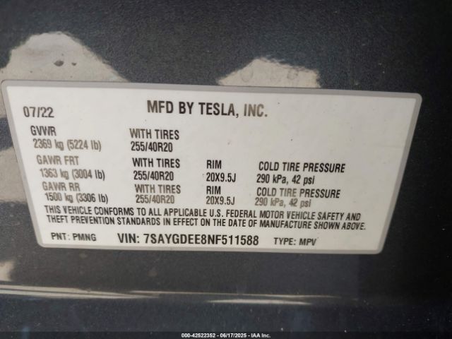 2022 TESLA MODEL Y 7SAYGDEE8NF511588 Photo 8