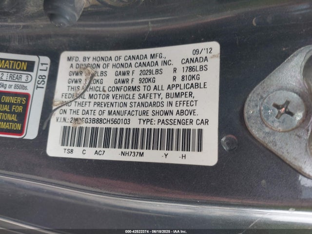 Auction sale of the 2012 Honda Civic Ex, vin: 2HGFG3B88CH560103, lot number: 42522374