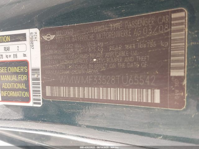 2008 MINI COOPER WMWMF33528TU65542 Photo 8