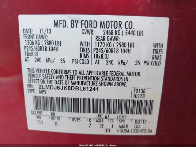 Auction sale of the 2013 Lincoln Mkx, vin: 2LMDJ6JK8DBL61241, lot number: 42522647