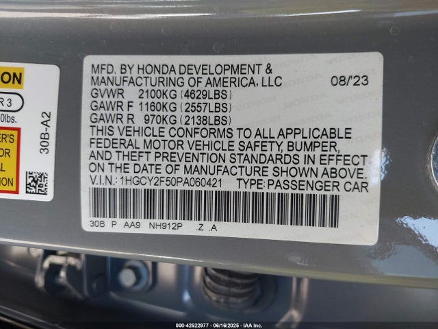 1HGCY2F50PA060421 Honda lfc5