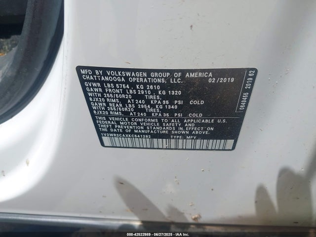 Volkswagen Atlas 2019 1V2WR2CAXKC541282 Image 9