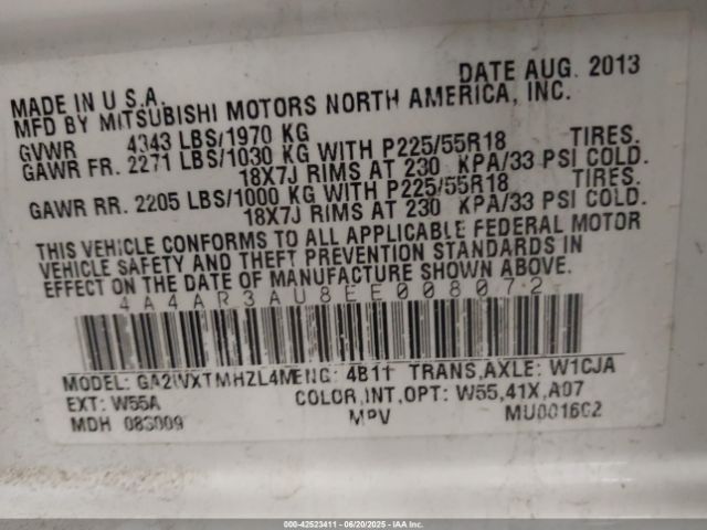 2014 MITSUBISHI OUTLANDER SPORT 4A4AR3AU8EE008072 Photo 8