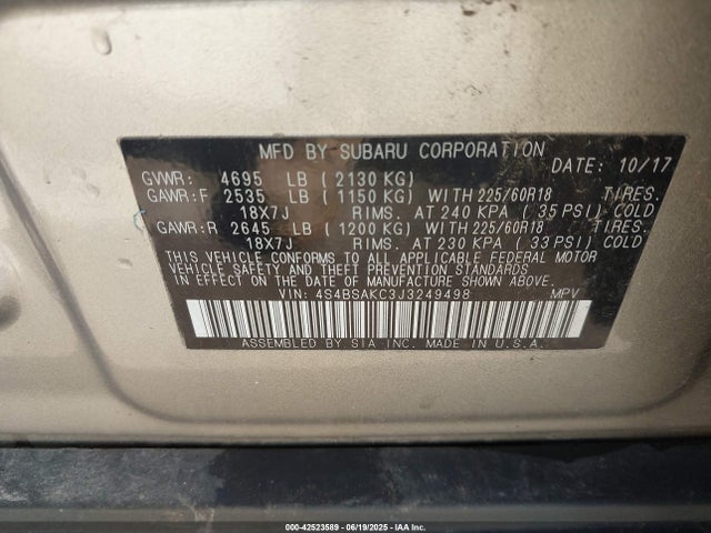4S4BSAKC3J3249498 Subaru u5