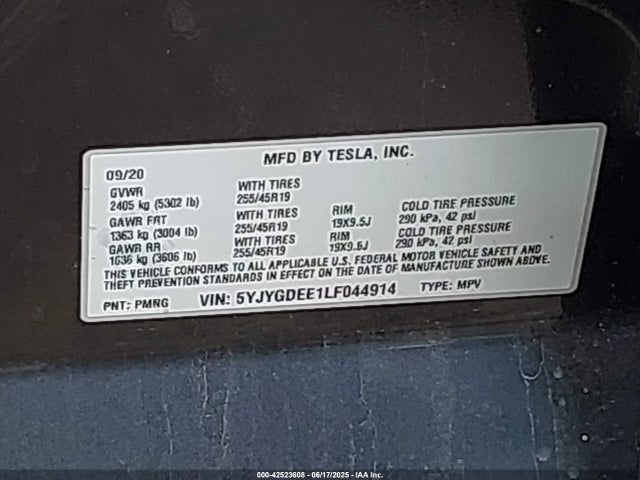 2020 TESLA MODEL Y 5YJYGDEE1LF044914 Photo 8
