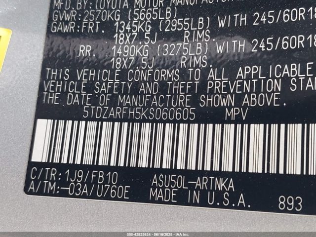 2019 TOYOTA HIGHLANDER 5TDZARFH5KS060605 Photo 8