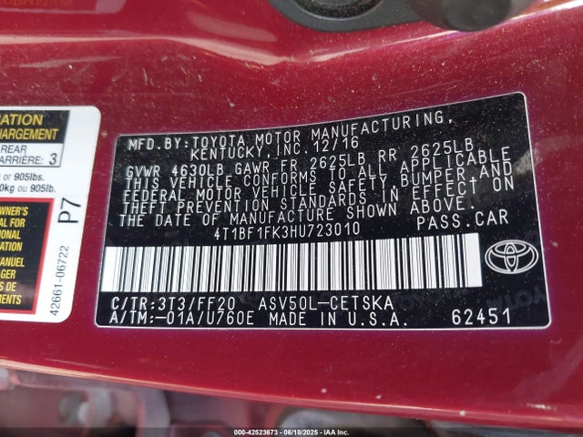 4T1BF1FK3HU723010 Toyota 2ar-fe