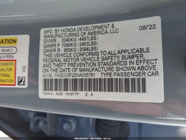 2022 HONDA ACCORD 1HGCV3F22NA035781 Photo 8