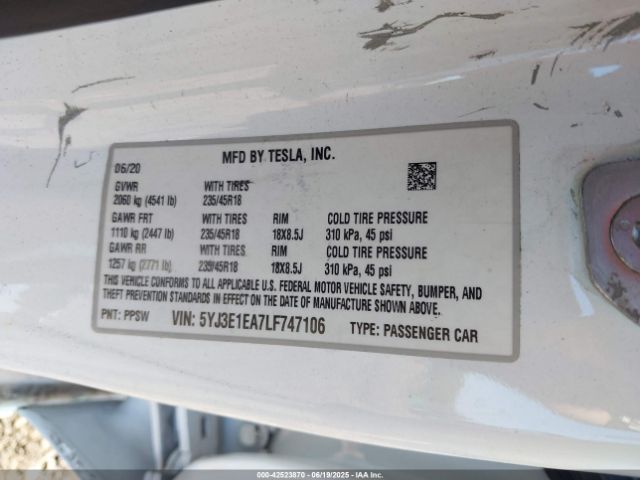 5YJ3E1EA7LF747106 Tesla MODEL 3