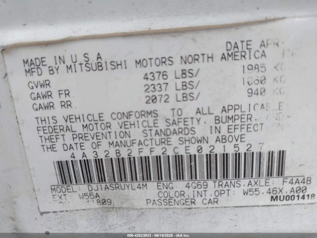 2012 MITSUBISHI GALANT 4A32B2FF2CE021527 Photo 8