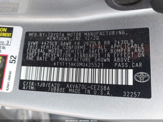 2021 TOYOTA CAMRY 4T1T11AK0MU425521 Photo 8