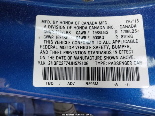 2018 Honda Civic Ex მანქანა იყიდება აუქციონზე, vin: 2HGFC2F74JH579106, აუქციონის ნომერი: 42524388