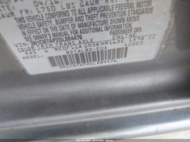 3N1CN7AP2GL884476 Nissan Versa 1.6 S/1.6 S+/1.6 Sl/1.6 Sv