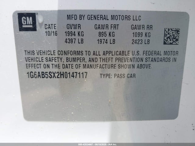 1G6AB5SX2H0147117 Cadillac ltg - sid, alum, vvt, dcvcp turbo, e0-e100, alum