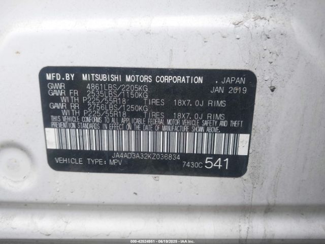 2019 MITSUBISHI OUTLANDER JA4AD3A32KZ036834 Photo 8