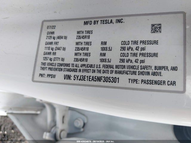 2022 TESLA MODEL 3 5YJ3E1EA5NF305301 Photo 8