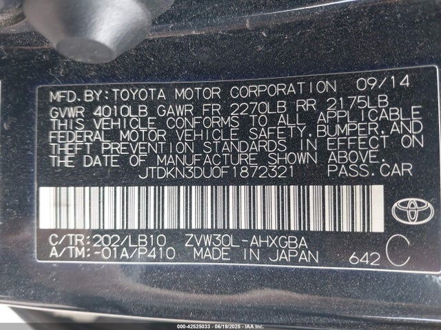 JTDKN3DU0F1872321 Toyota 2zr-fxe+3jm