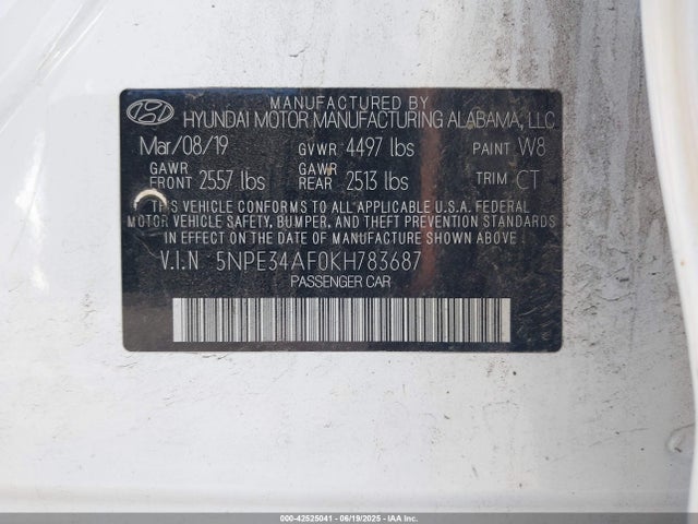 5NPE34AF0KH783687 Hyundai gdi theta-ii