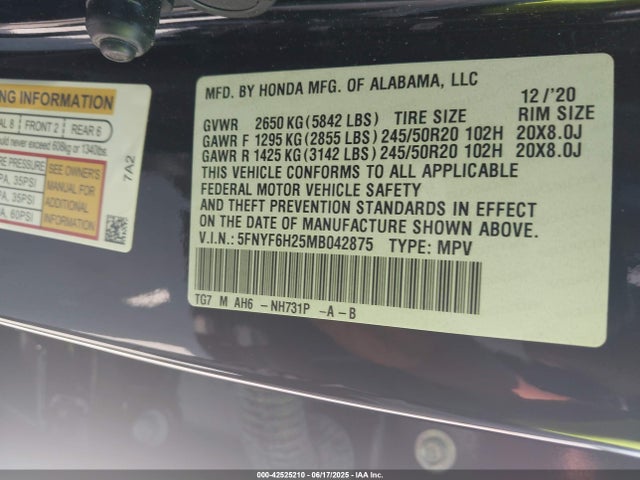 5FNYF6H25MB042875 Honda j35y6
