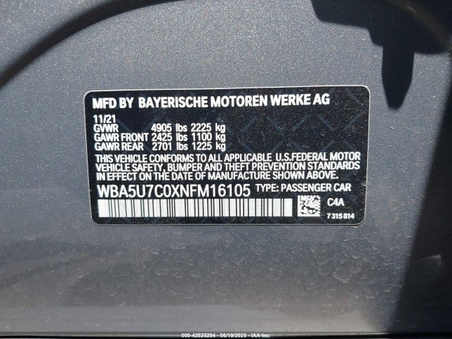 WBA5U7C0XNFM16105 BMW 2022