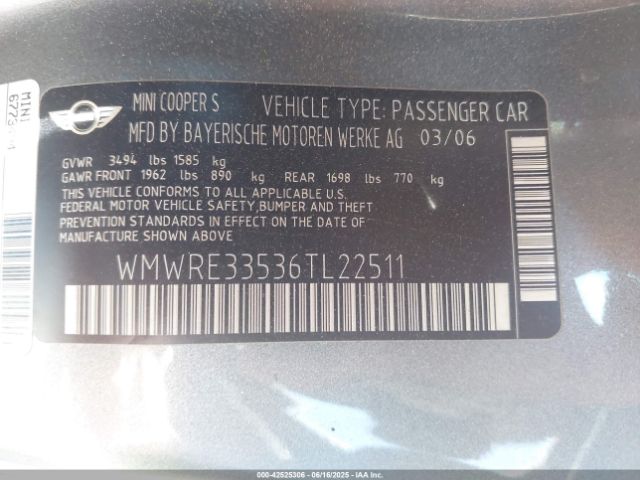 2006 MINI COOPER S WMWRE33536TL22511 Photo 8