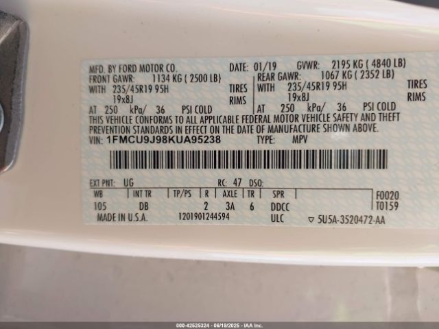 2019 FORD ESCAPE 1FMCU9J98KUA95238 Photo 8