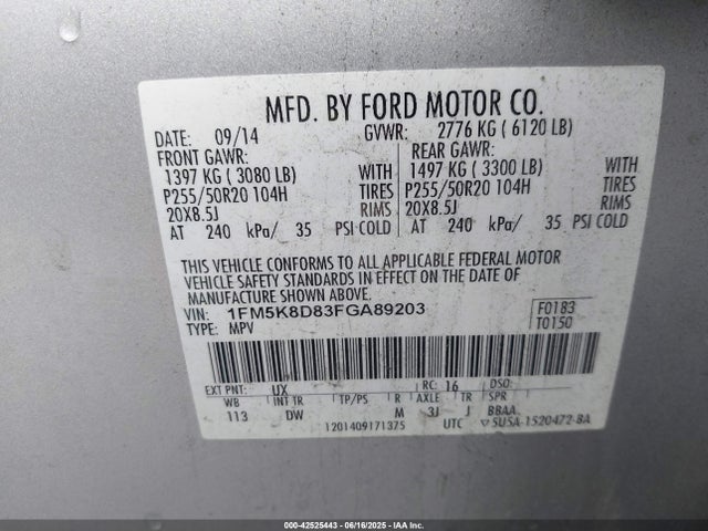 Ford EXPLORER XLT 2015 1FM5K8D83FGA89203 Image 9
