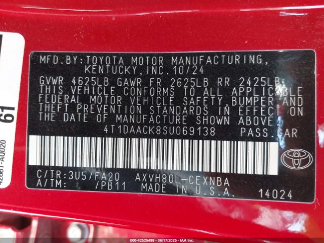 4T1DAACK8SU069138 Toyota a25a-fxs