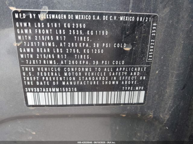 2021 VOLKSWAGEN TIGUAN 3VV3B7AX8MM159316 Photo 8