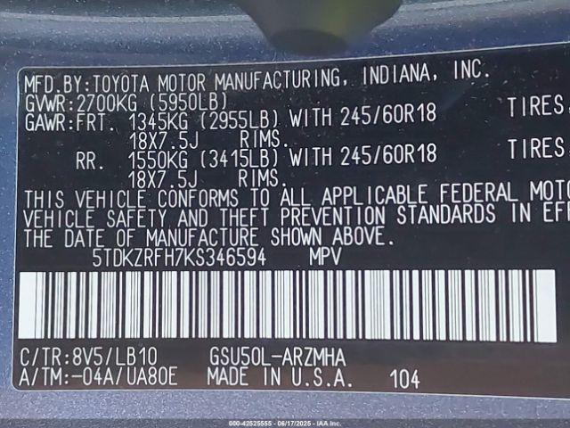 2019 TOYOTA HIGHLANDER 5TDKZRFH7KS346594 Photo 8