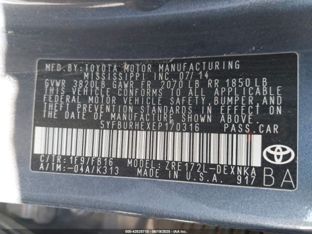 5YFBURHEXEP170316 Toyota 2zr-fe