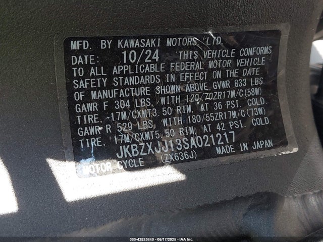 JKBZXJJ13SA021217 Kawasaki Ninja Zx-6r