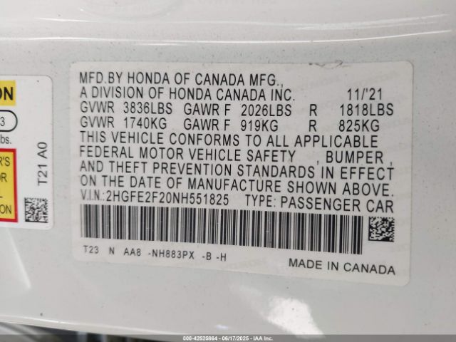 2022 HONDA CIVIC 2HGFE2F20NH551825 Photo 8