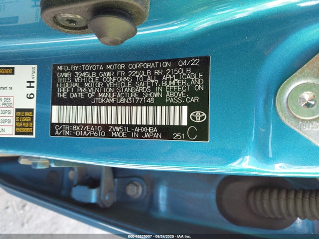 JTDKAMFU8N3177148 Toyota 2zr-fxe,1nm