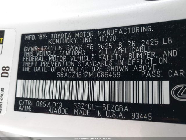 2021 LEXUS ES 350 58ADZ1B17MU086459 Photo 8