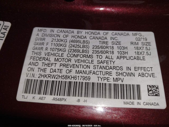 2HKRW2H58KH617959 Honda l15be
